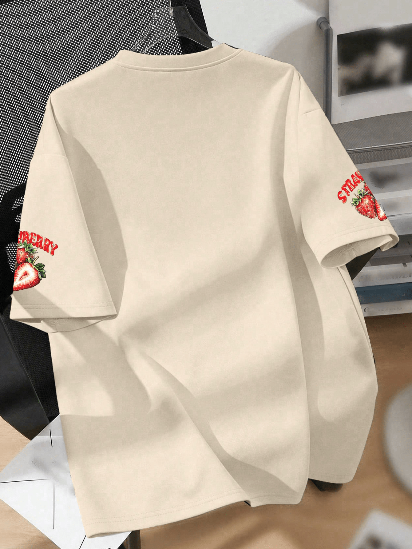 Embroidery Cotton Shirt - Strawberry Print Round Neck Short Sleeve