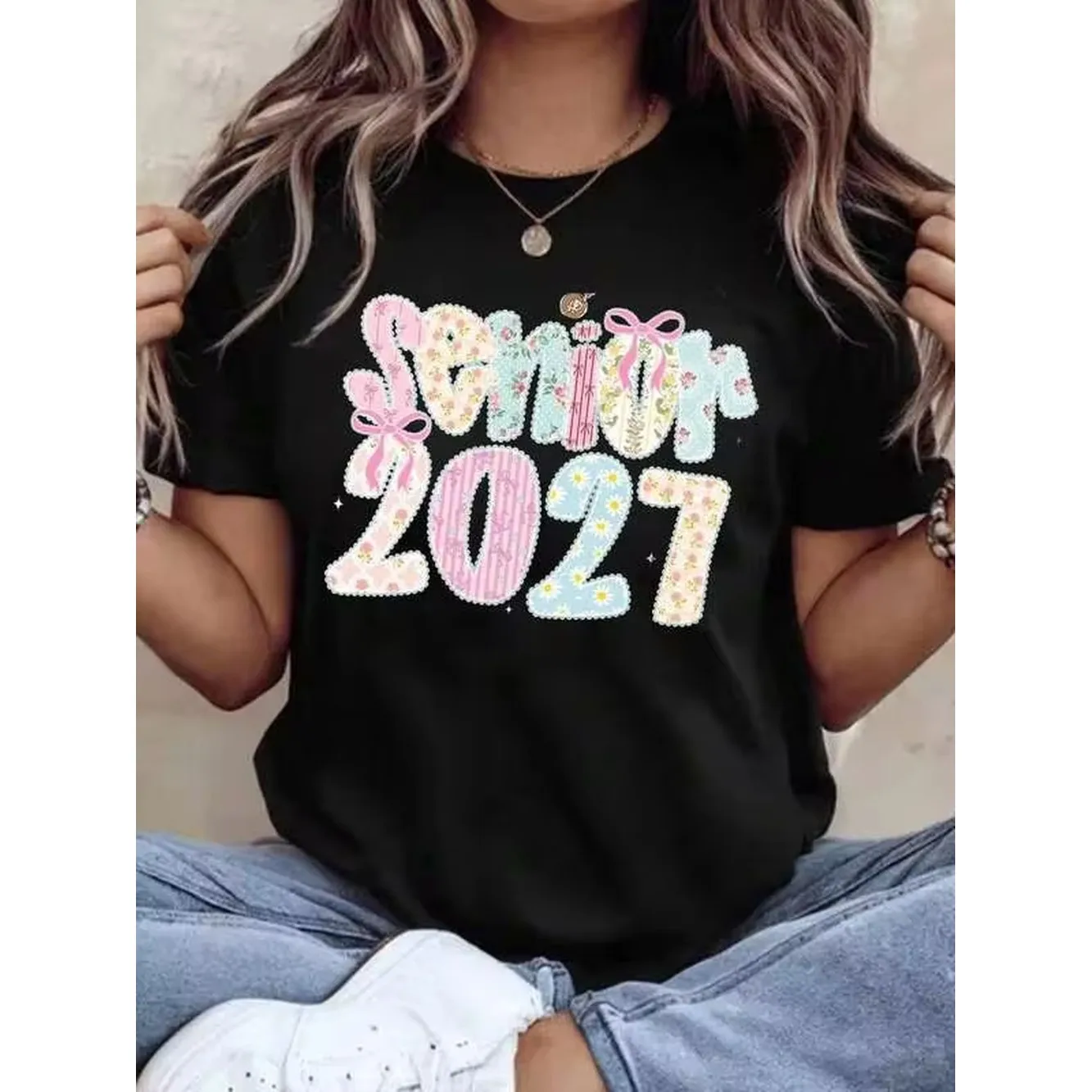 Embroidery Cotton Shirt - Senior 2027 T-Shirt With Pastel Embroidery