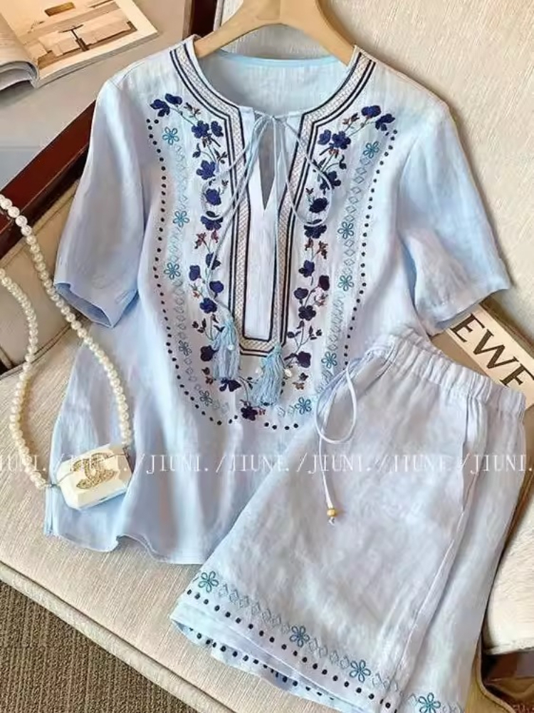 Vintage Ethnic Blue 2CPS Set F - Embroidery Cotton Shirt のレビューと価格