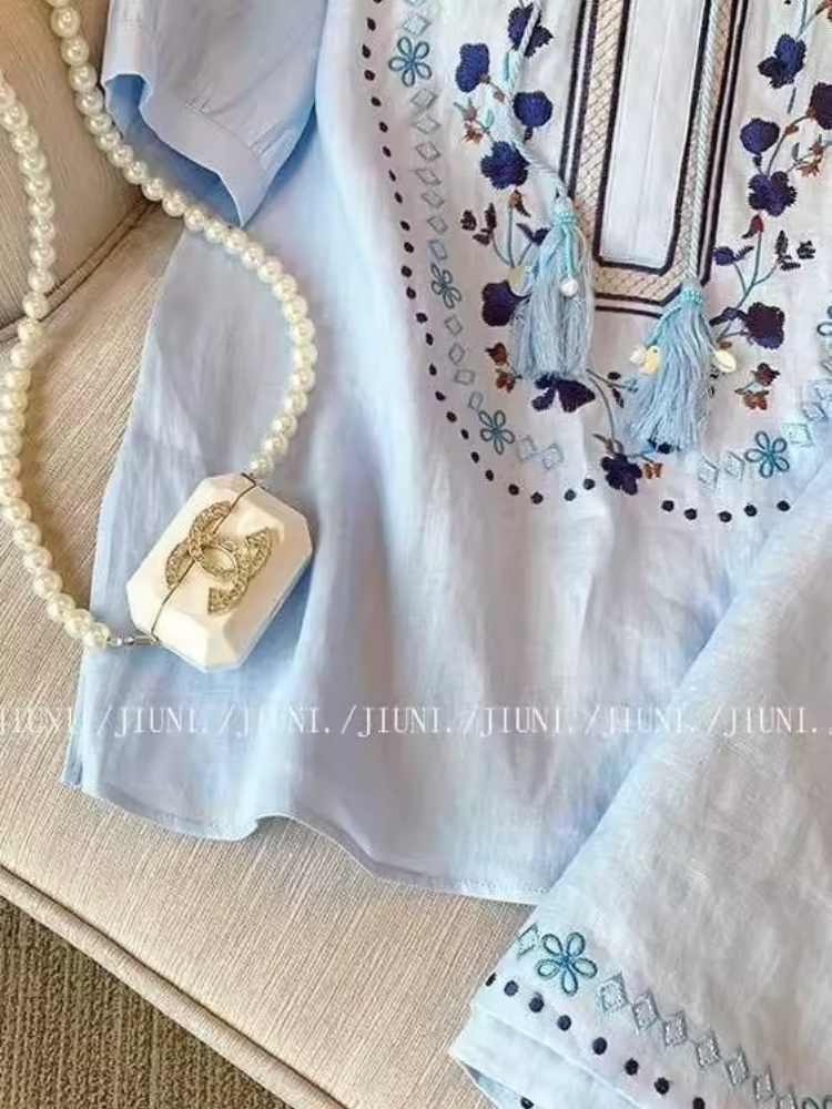 Vintage Ethnic Blue 2CPS Set F - Embroidery Cotton Shirt のレビューと価格