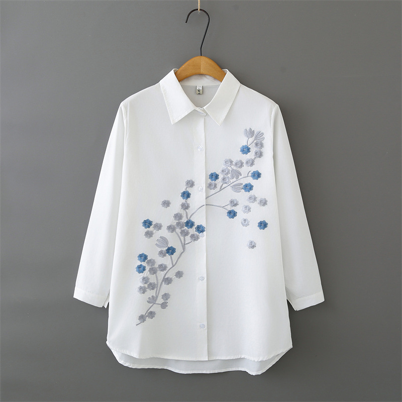 Women Plus Size Long Sleeve Co - Embroidery Cotton Shirt のレビューと価格