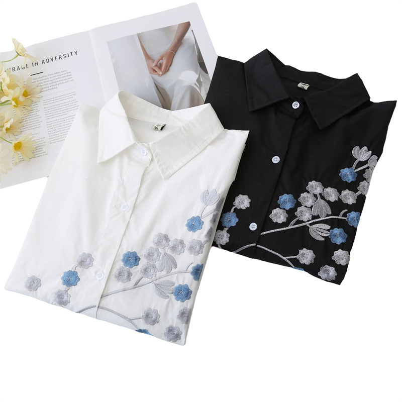 Women Plus Size Long Sleeve Co - Embroidery Cotton Shirt のレビューと価格