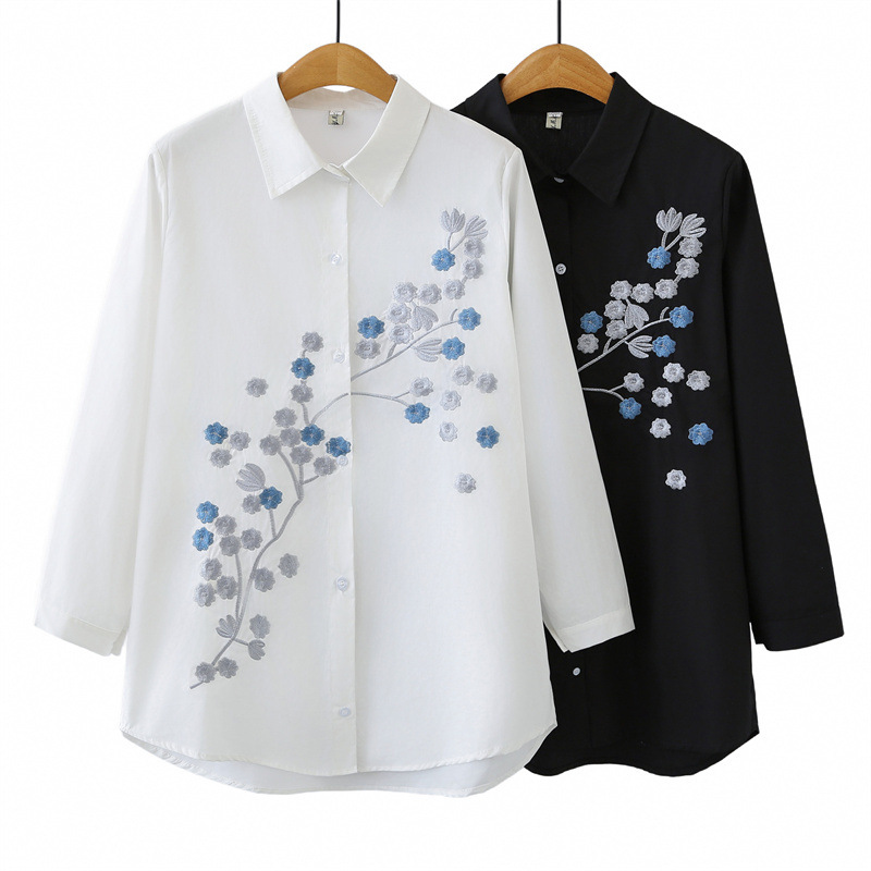 Women Plus Size Long Sleeve Co - Embroidery Cotton Shirt のレビューと価格