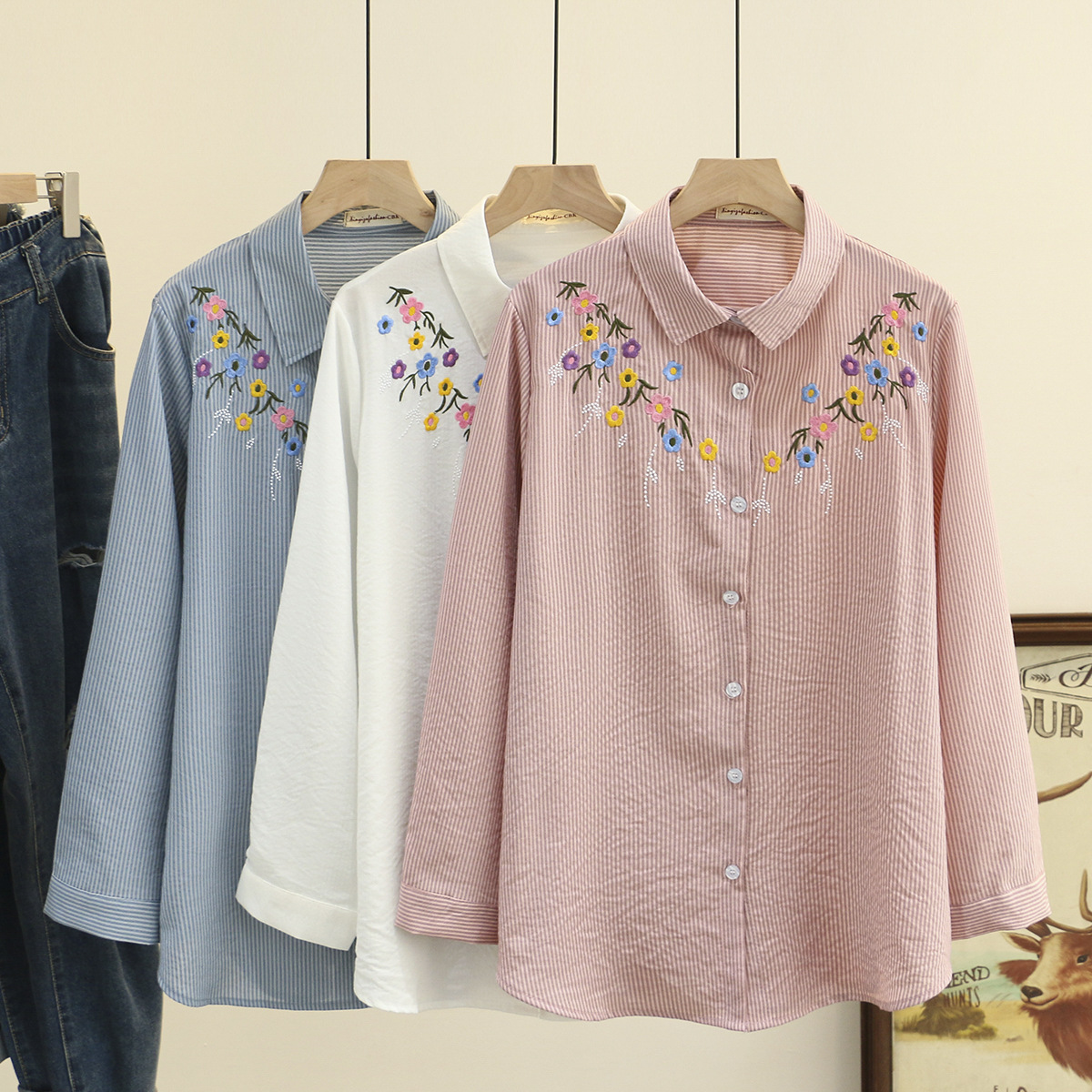 4XL Plus Size Shirts Women Spr - Embroidery Cotton Shirt のレビューと価格