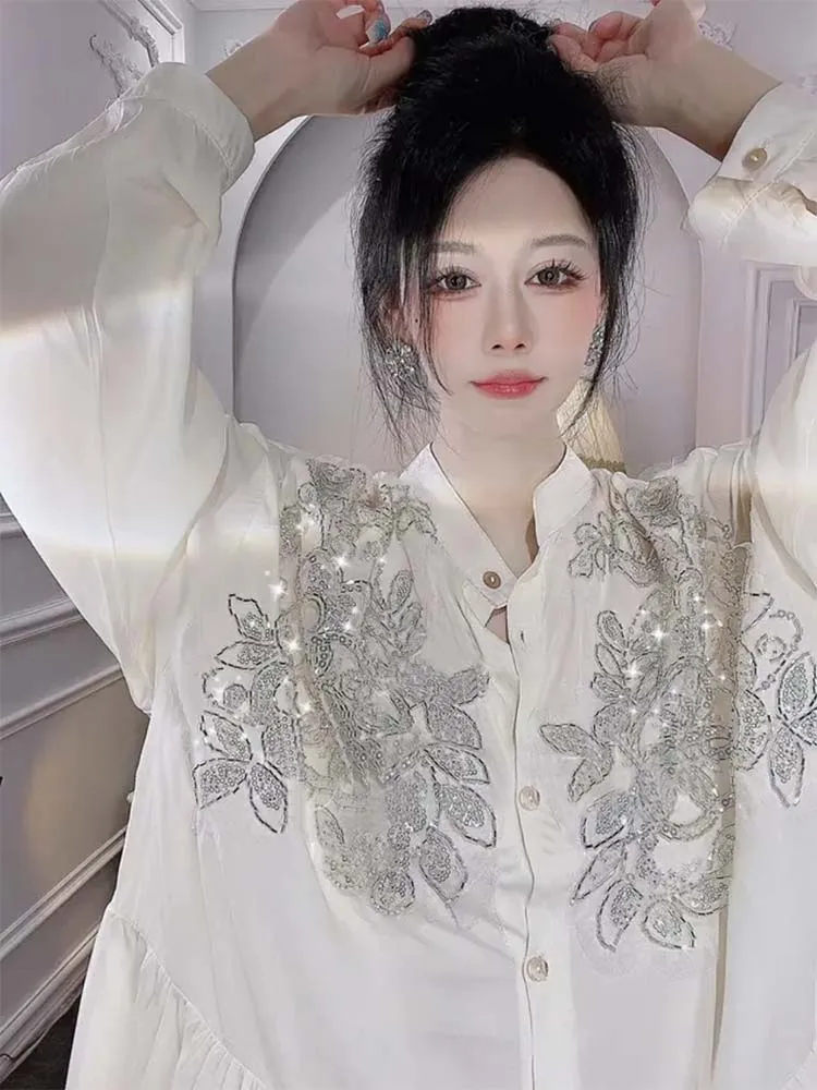 Transparent Flowers Embroidery - Embroidery Cotton Shirt のレビューと価格