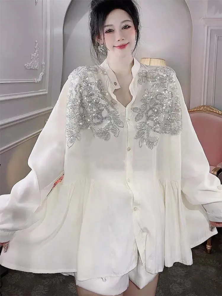 Transparent Flowers Embroidery - Embroidery Cotton Shirt のレビューと価格