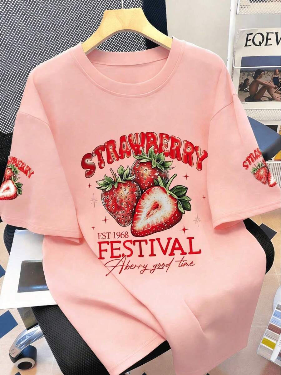 Strawberry Print Round Neck Sh - Embroidery Cotton Shirt のレビューと価格