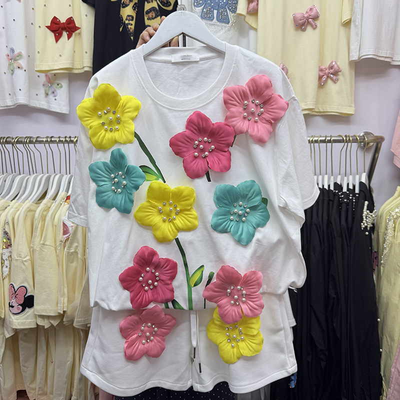 Summer Colorful 3D Flowers T-s - Embroidery Cotton Shirt のレビューと価格