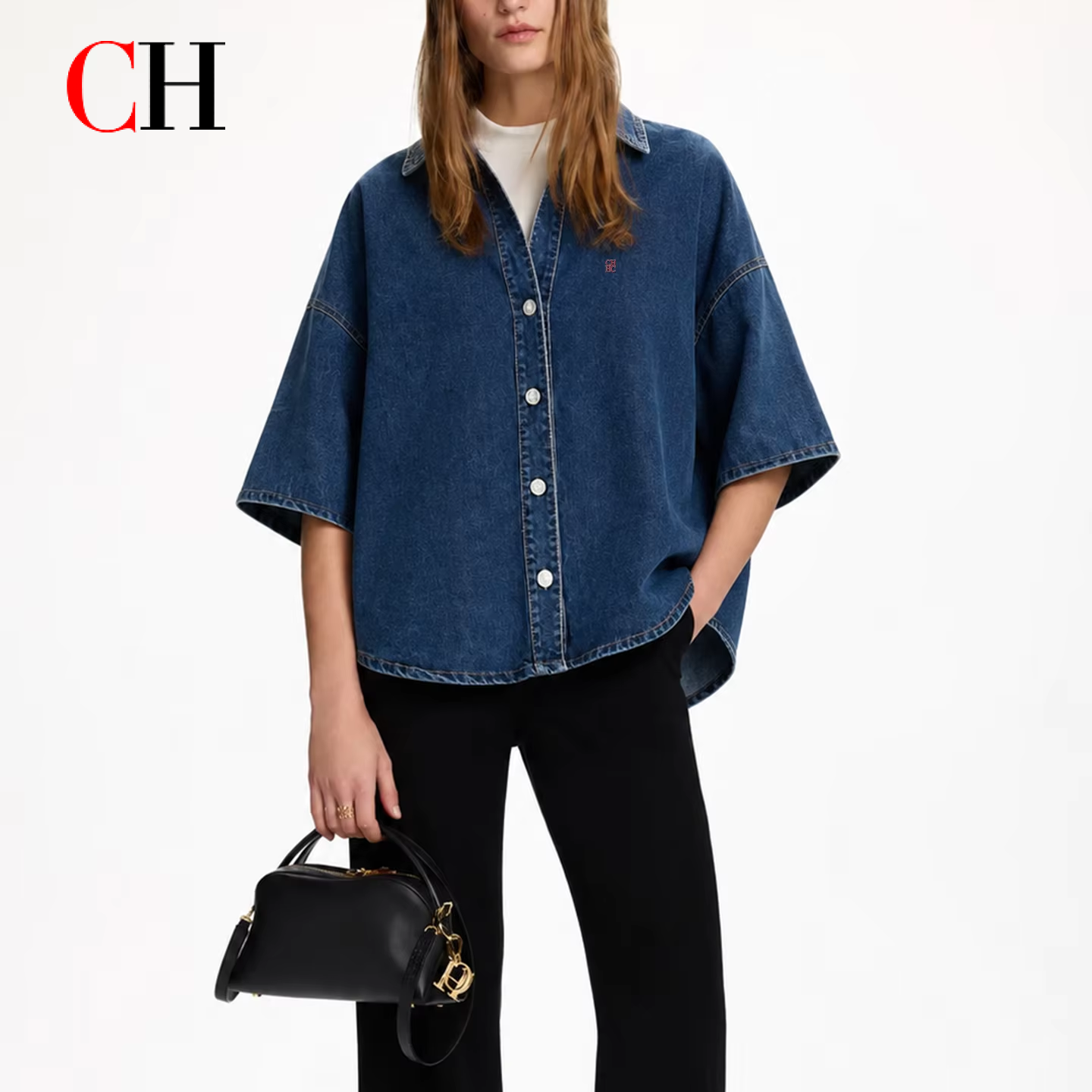 CH Letter Embroidered Solid Co - Embroidery Cotton Shirt のレビューと価格