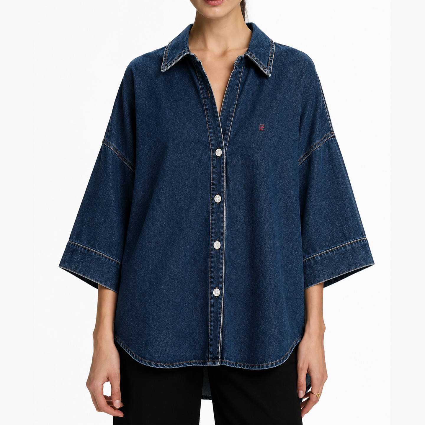 CH Letter Embroidered Solid Co - Embroidery Cotton Shirt のレビューと価格