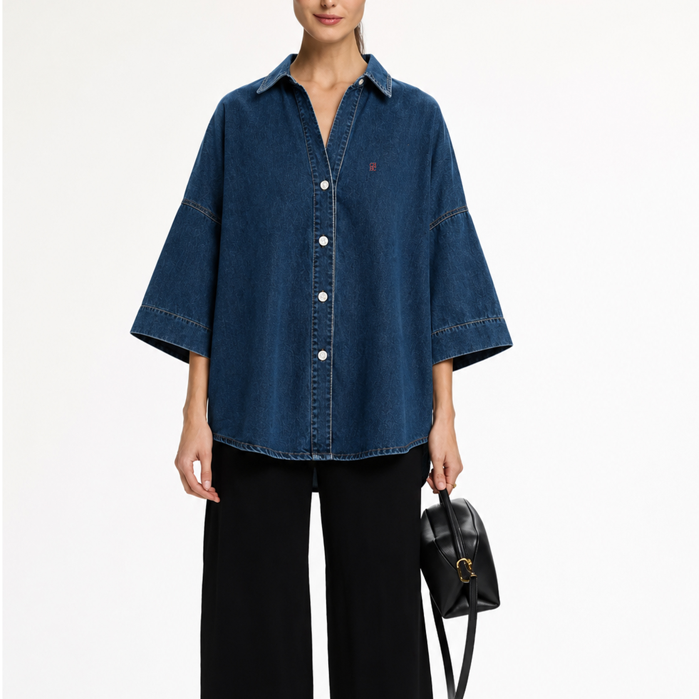 CH Letter Embroidered Solid Co - Embroidery Cotton Shirt のレビューと価格