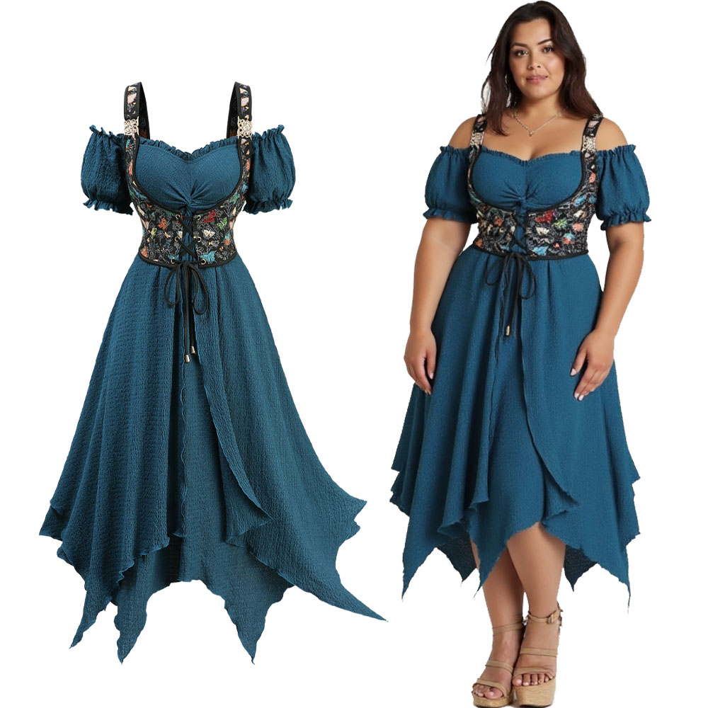 Plus Size Casual Deep Green Dr - Embroidery Texture のレビューと価格